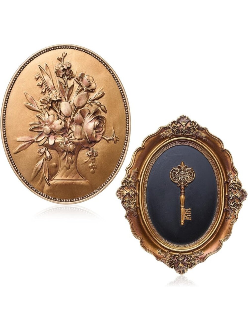 Vintage Gold Flower Wall Art & Oval Key Decor - Antique Sculptures for Home